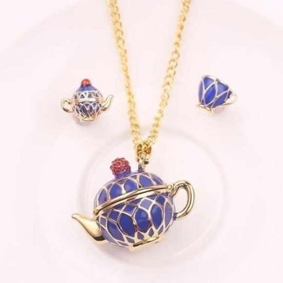 Tea pot necklace & earrings set enamel - Picture 6 of 7